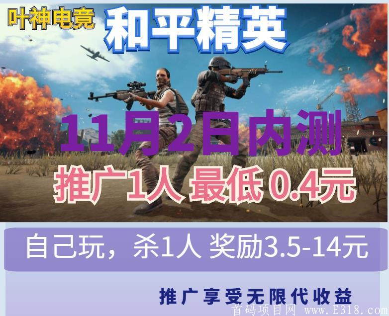 首码内测：电竞游戏和平精英招募代理  杀一个人头3.5元到14元，大神来撩