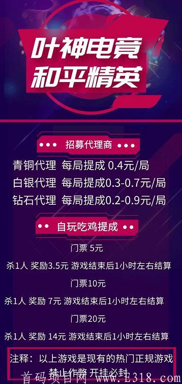 首码内测：电竞游戏和平精英招募代理  杀一个人头3.5元到14元，大神来撩