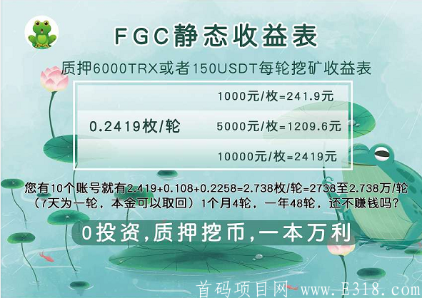 【FGC青蛙钱包】今日币价格720美金了质押挖kuang,DeFi流动性挖kuangFGC,一个月赚3000元。