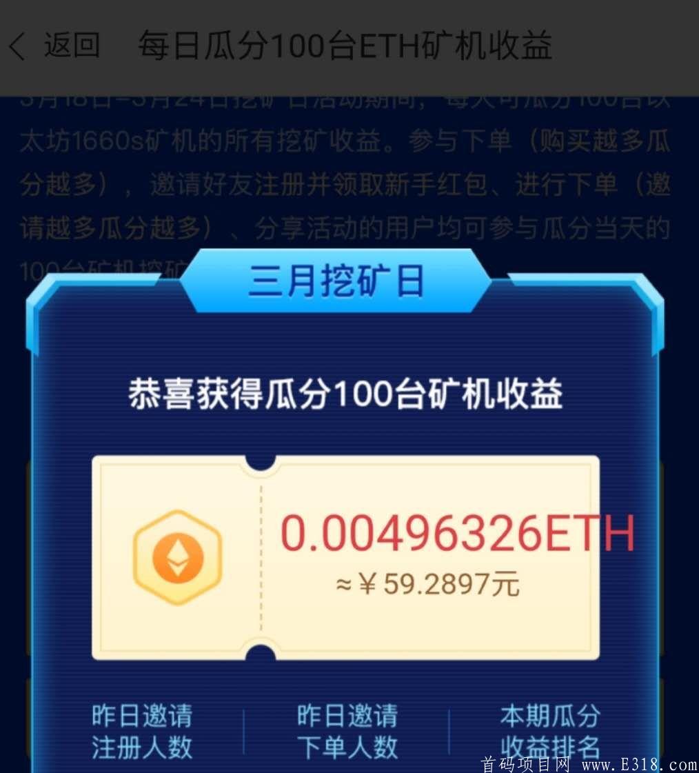 小矿工平台瓜分ETH，瓜分BTC，99元挖ETH