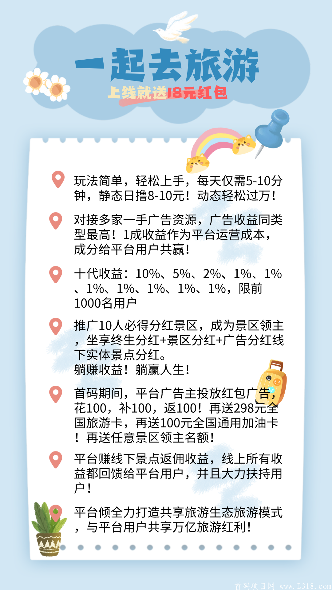 【一起去旅游】首码预热！推广10人送分红景区！零撸日赚8-10元！稳定长期项目！