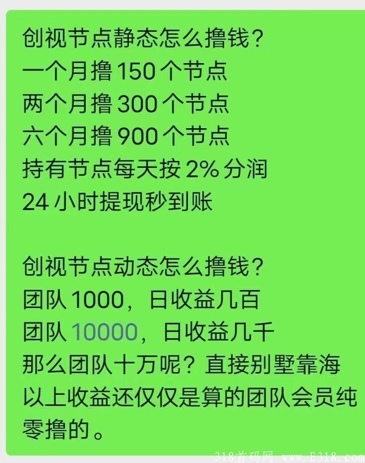 跨年项目《创视节点》稳定收入，每天零撸5米，节点1:1 提现秒到