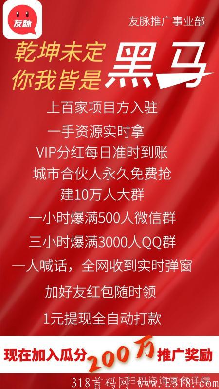 友脉首码已出，10号上线，项目圈的一次革命性创新，前期推广，后期趟盈！
