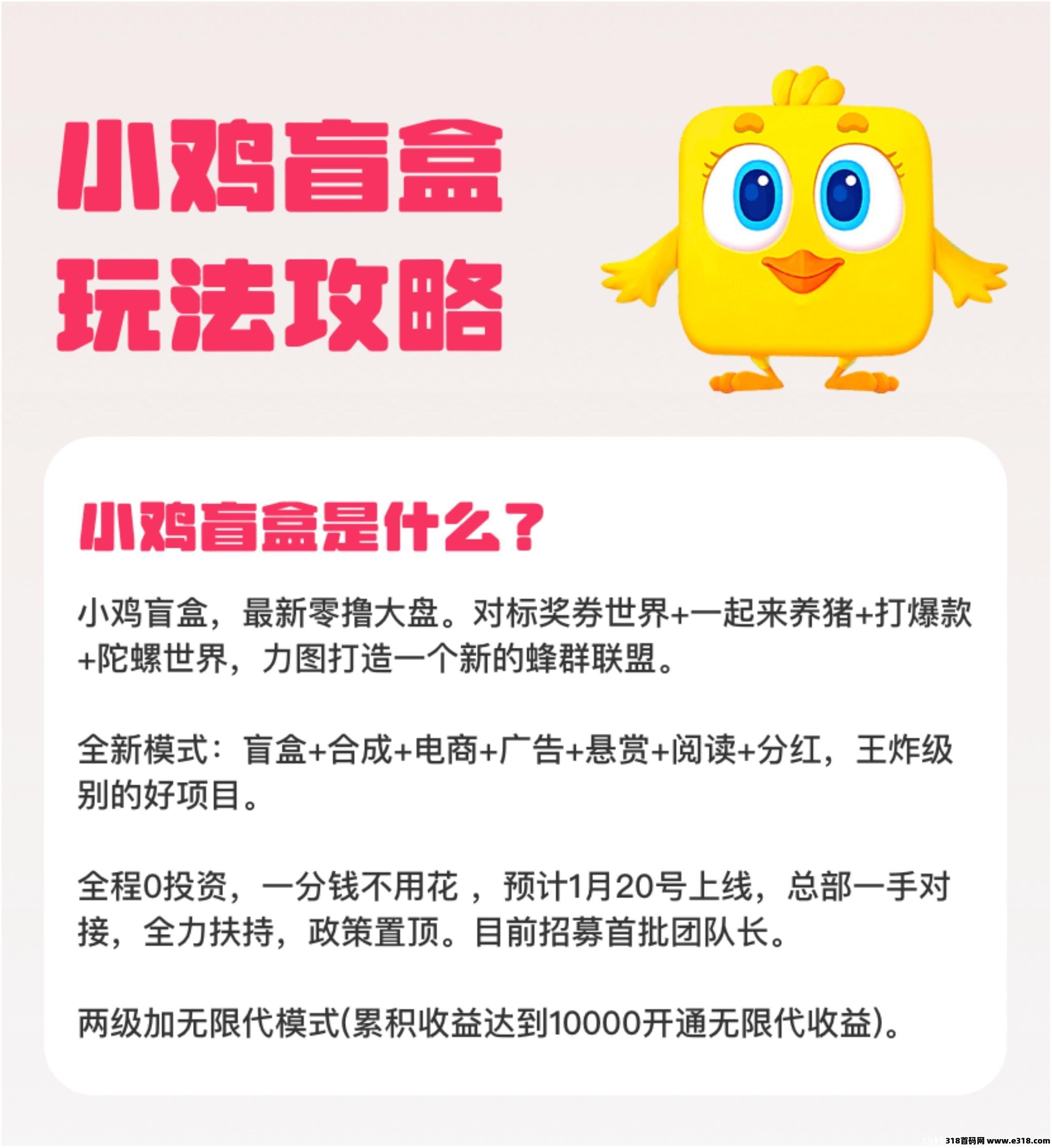 小鸡盲盒  0撸大盘对标奖券世界，一起来养猪   年前最后一个爆火项目1月20号出首码