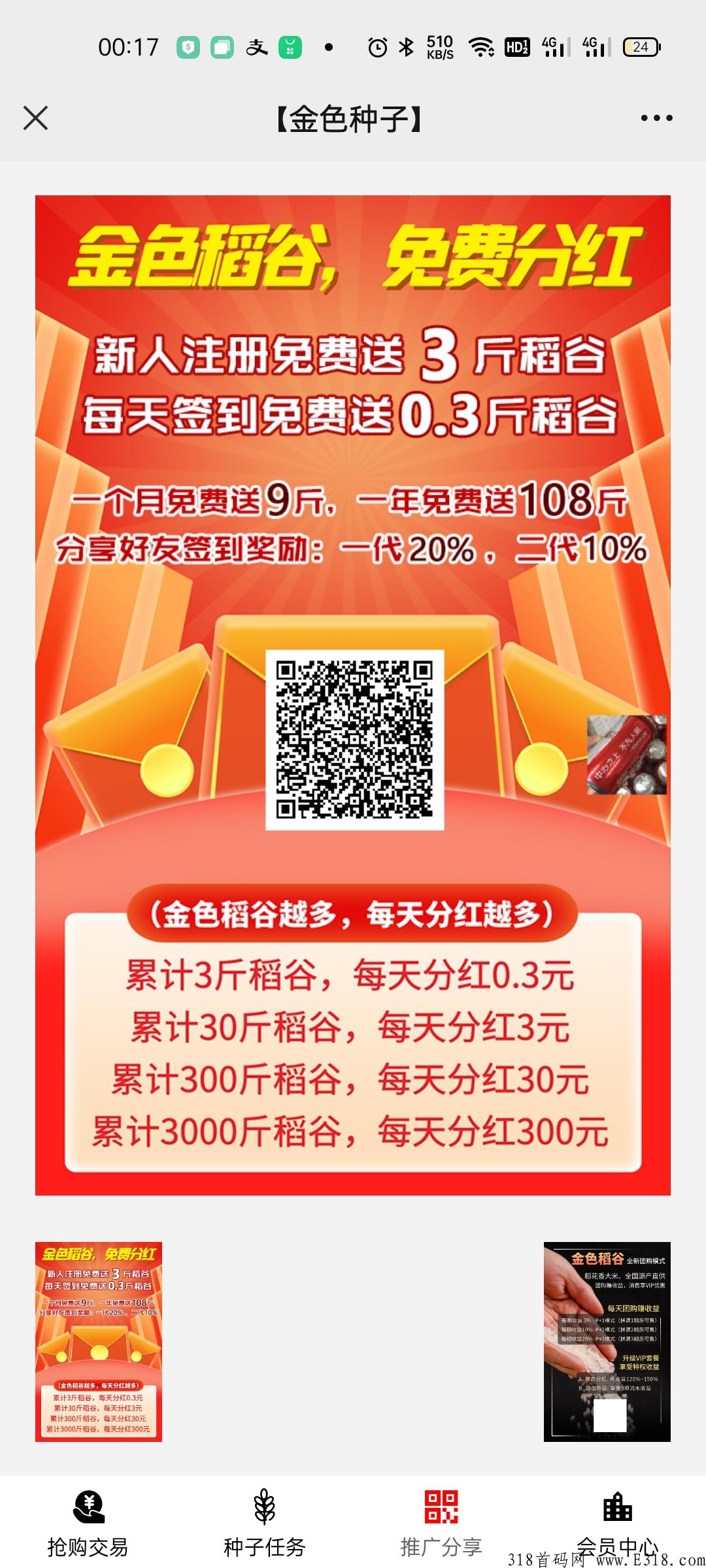 金色稻谷小程序不用下载注册签到送3个稻谷，每天分红模式，各平台推爆了