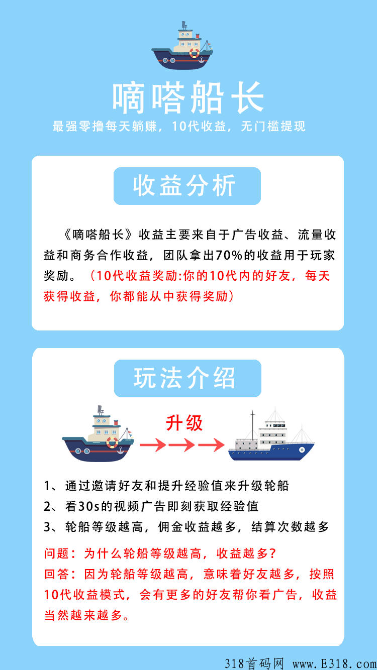 嘀嗒船长，看广告获得的收益，不设提现门槛，秒到账