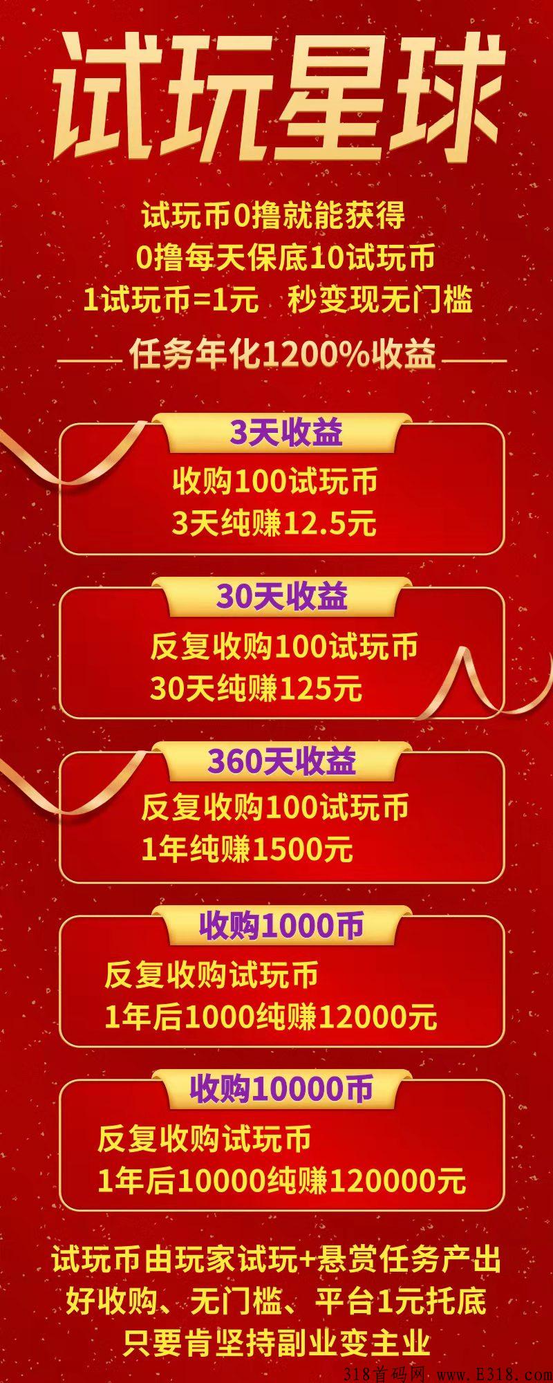 试玩星球首码每日分奖励，无充值入口，周期短，收益高