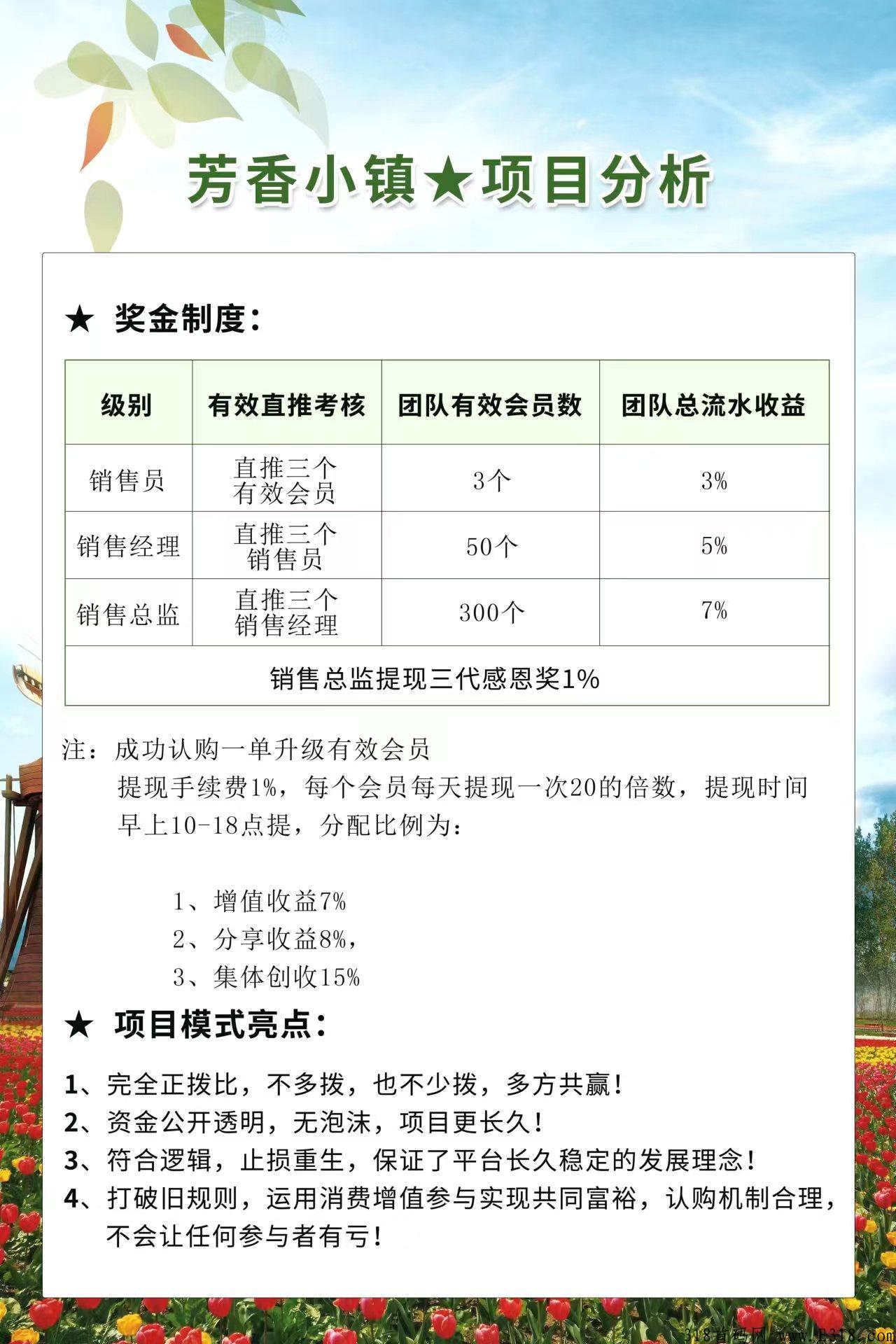 芳香小镇，全新众筹模式，三天一轮，静态7％，最高扶持