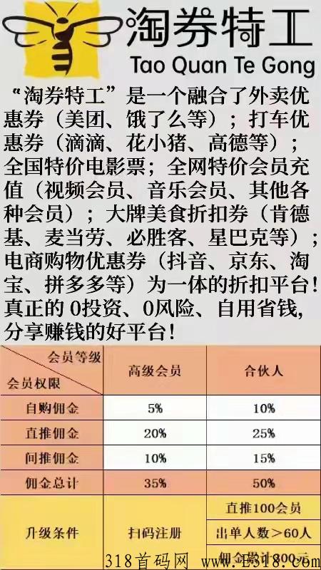 特工首码已出常见平台优惠卷，自用省米，分享赚米，外卖+打车+电影票+同城美食+电商购物等