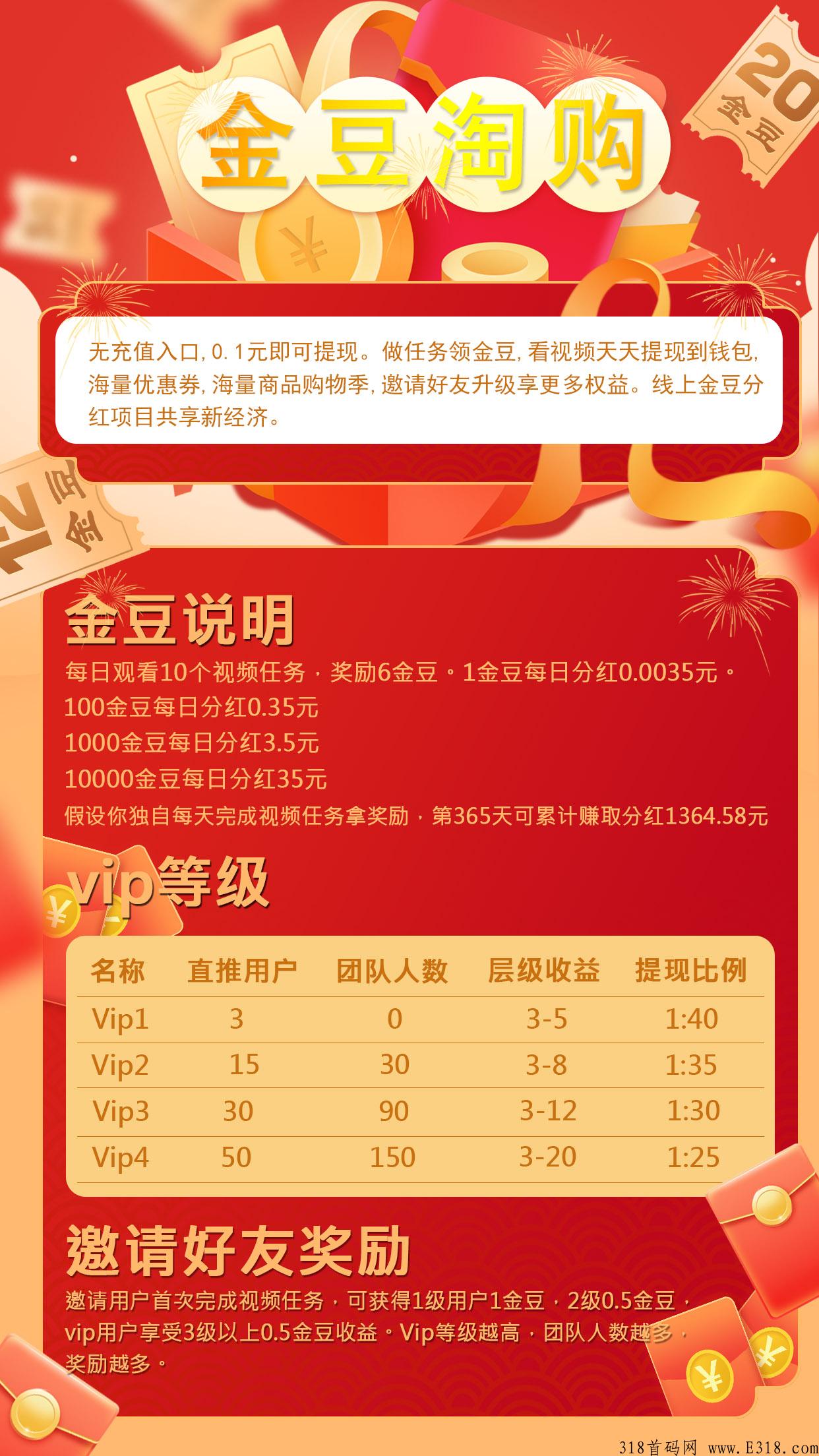 【金豆淘购】，每日看10个视频，获6个金豆，每个金豆分奖励！纯撸，无充值入口