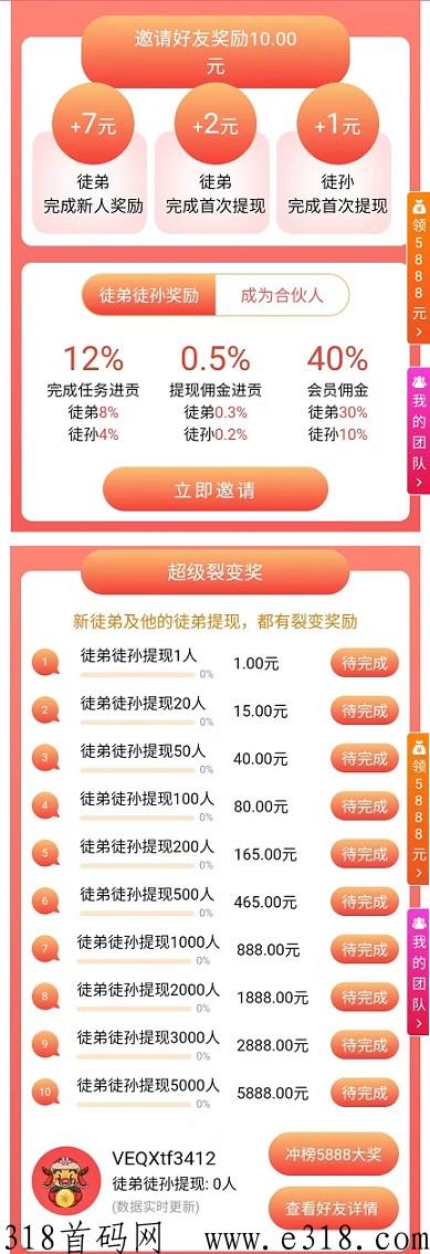 红牛帮：新任务平台，直推间推提现有分成，任务二级分成