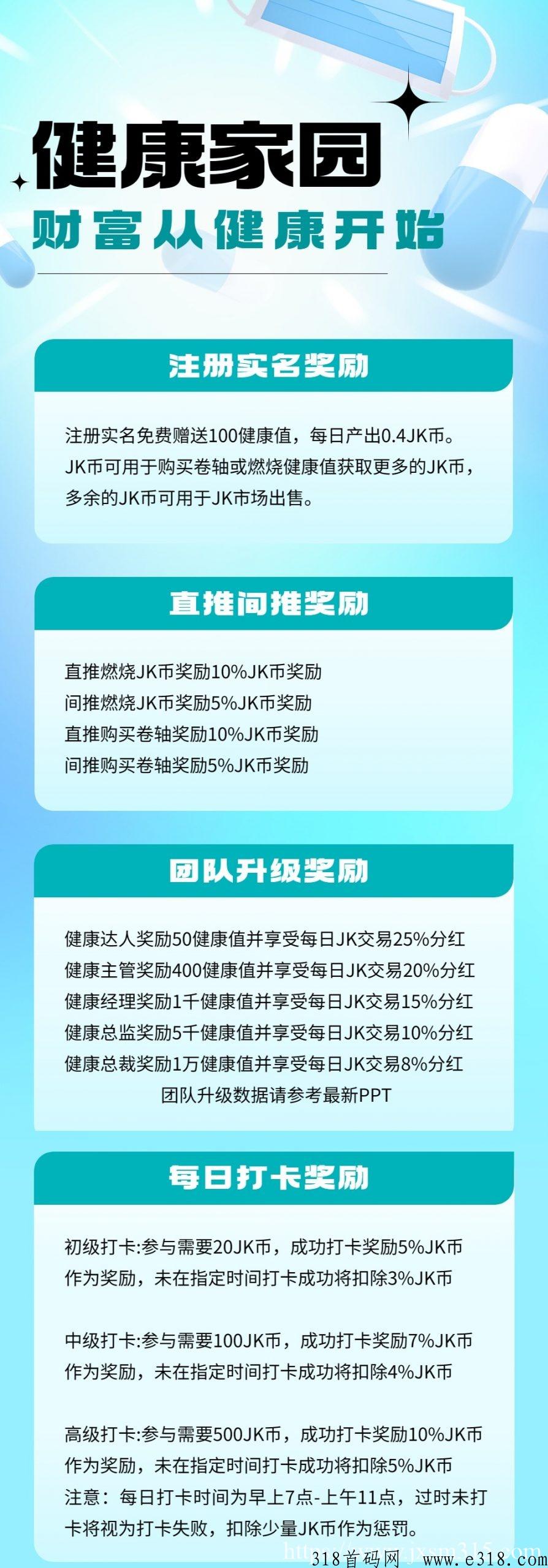 健康家园刚刚上线，新人注册赠送100健康值，开盘3一个，推广红利期，推一人赠送2健康值