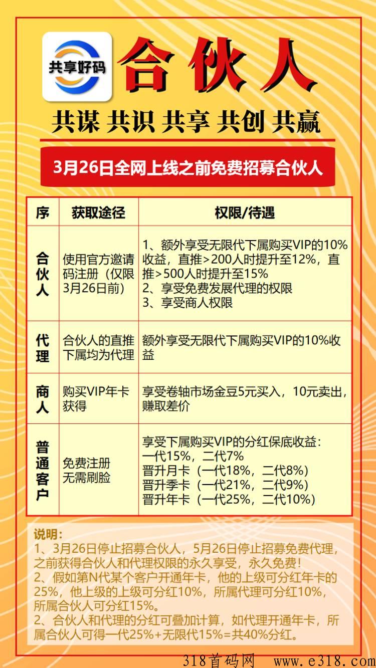 共享好码，认准官方码，免费注册成为合伙人！