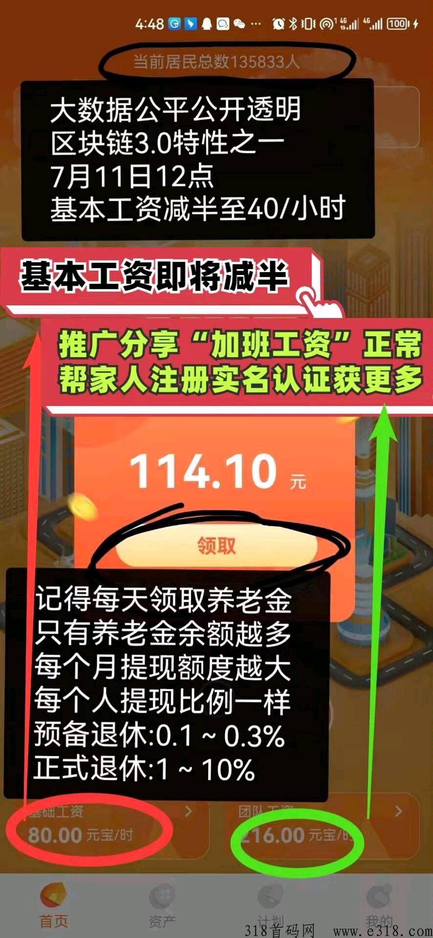 元老城，类似君凤凰，注册实名得养老金，每月按比例提一次养老金