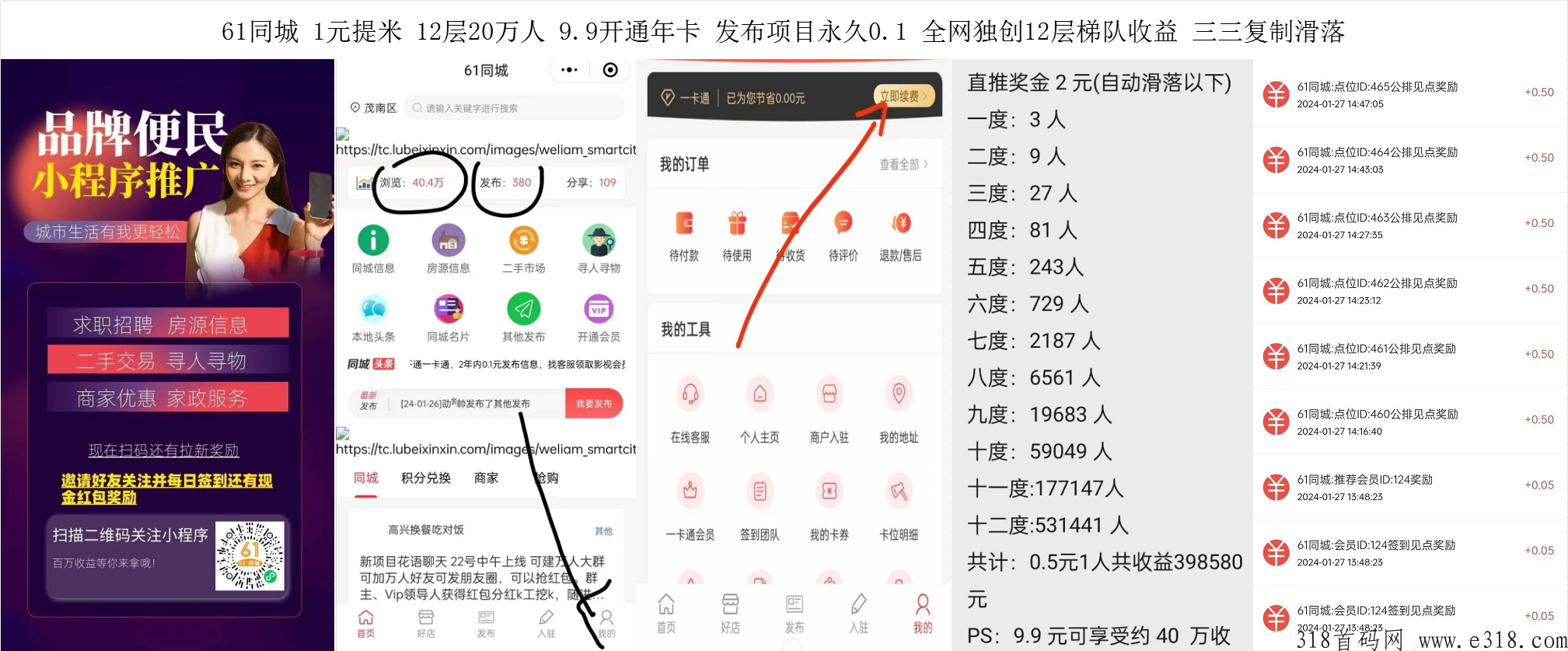 61同城 ，12层20万人，开通年卡，发布项目永久0.1，全网独创12层梯队收益，三三复制滑落