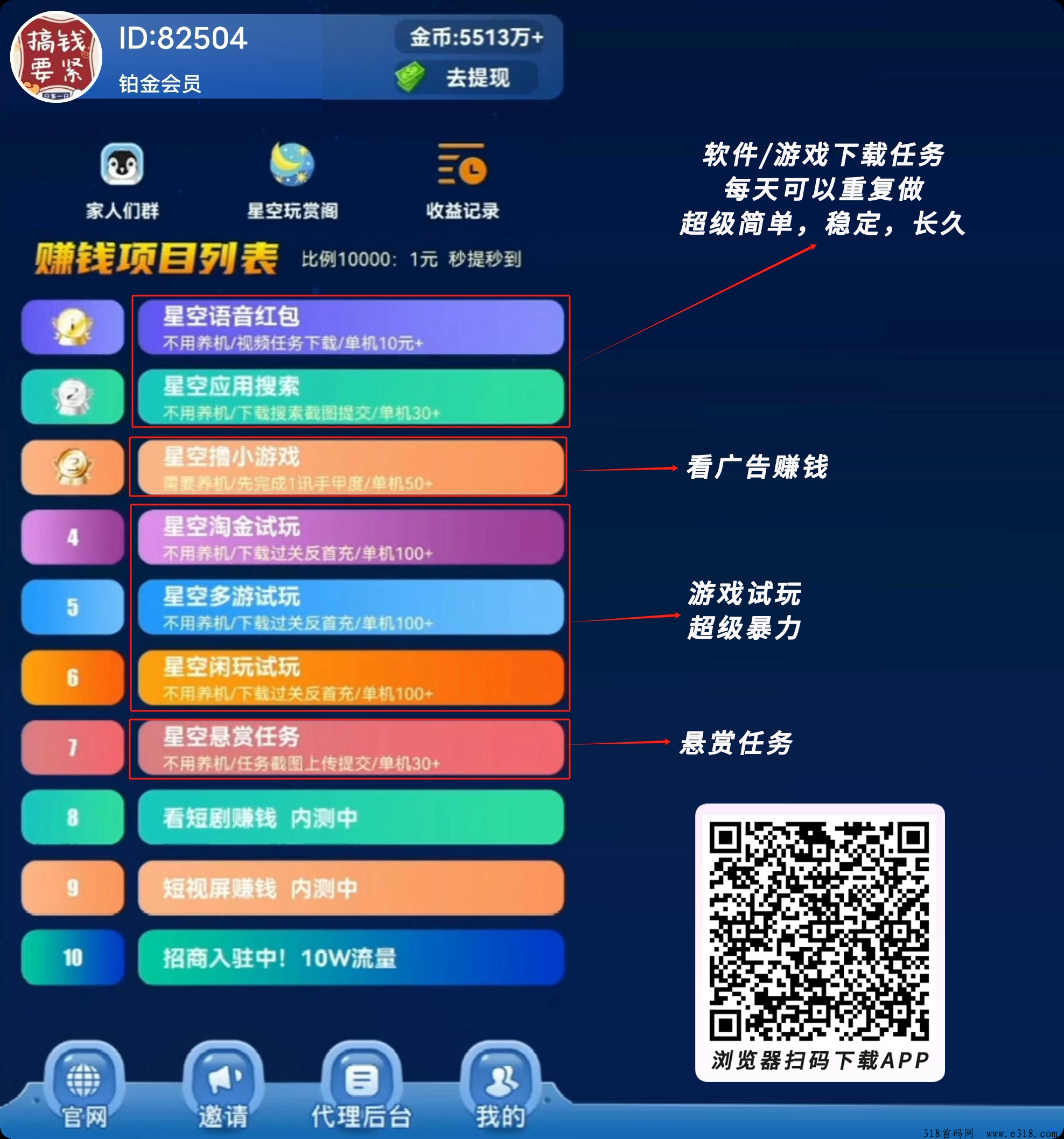 星空玩赏阁，零投资的聚合赚钱APP，免费对接代理！