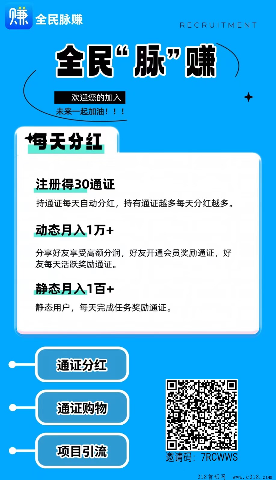 《全民脉赚》最新模式，看广告赚，注册奖励30通证，持通证每天参与分红