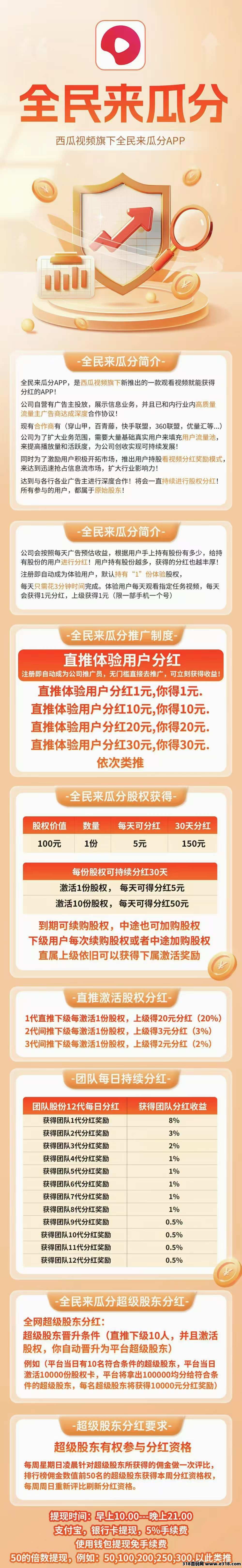 零撸全民分红，推广机制类似全民剧点，超级爆力推广奖励机制