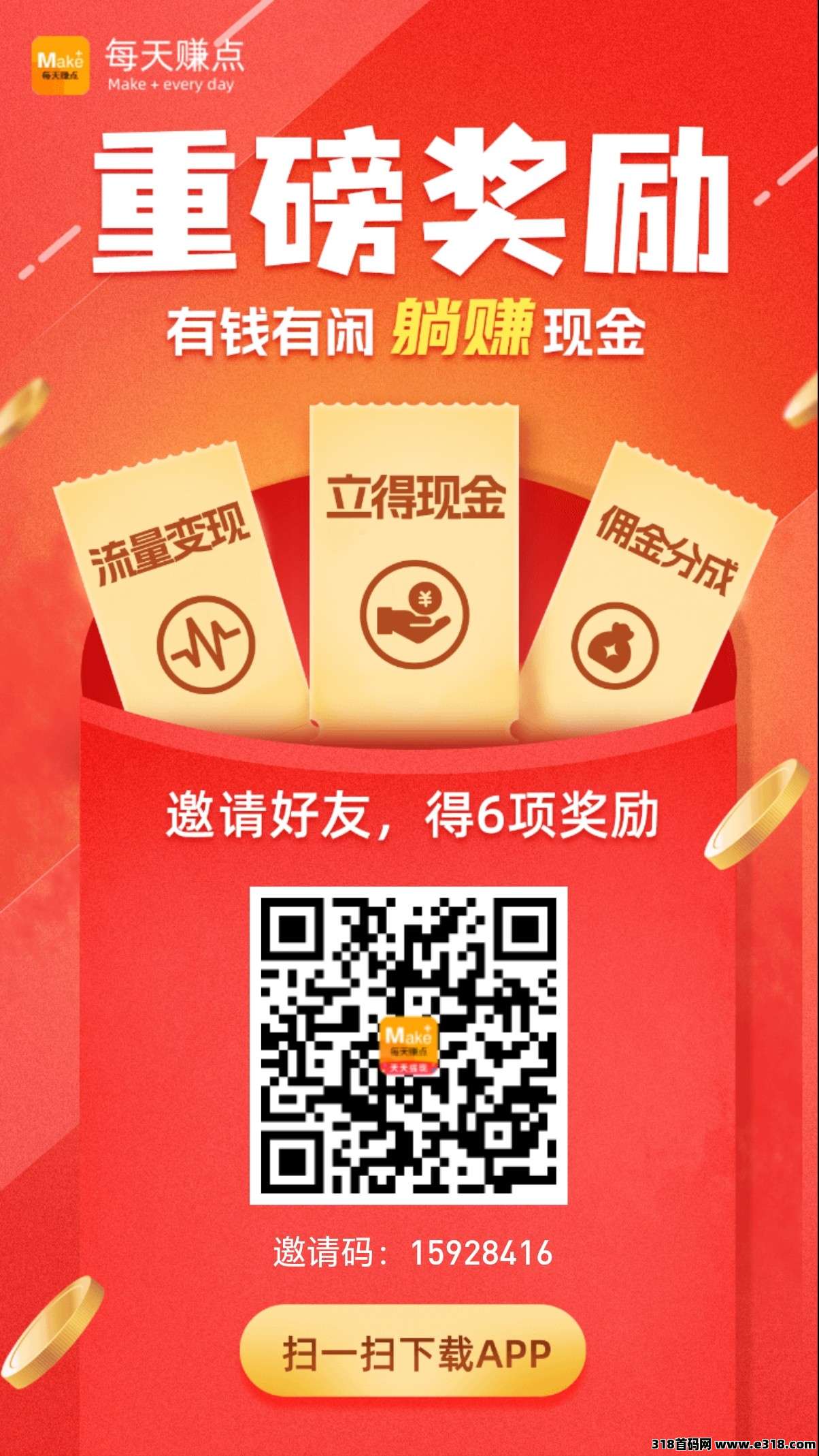 每日赚点上线，每邀请一人拆一个红包